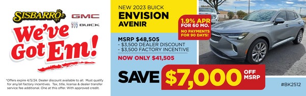 2023 Buick Envision Avenir
1.9% APR for 60 months
No Payments for 90 Days!!